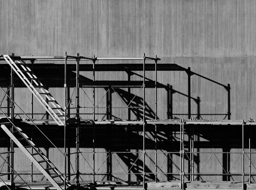 Steel stairs and scaffolding in black and white
