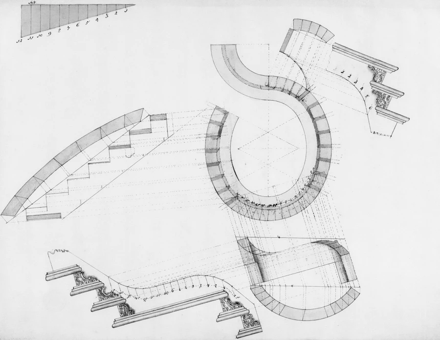Pencil drawings of curved staircases in plan and section