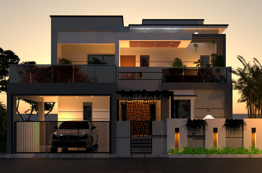 Modern multi-level house glowing with warm lights at dusk